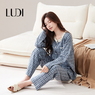 露迪尚品女士舒适纯棉格子家居服睡衣套装LDC257319