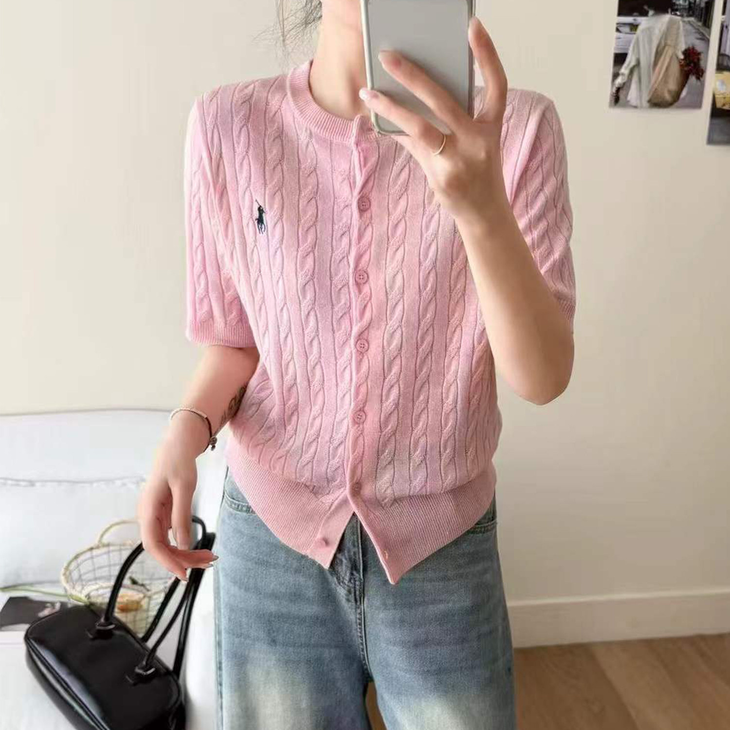 商场春款简约优雅圆领针织开衫通勤羊毛衫纽扣修身韩版上衣女外套