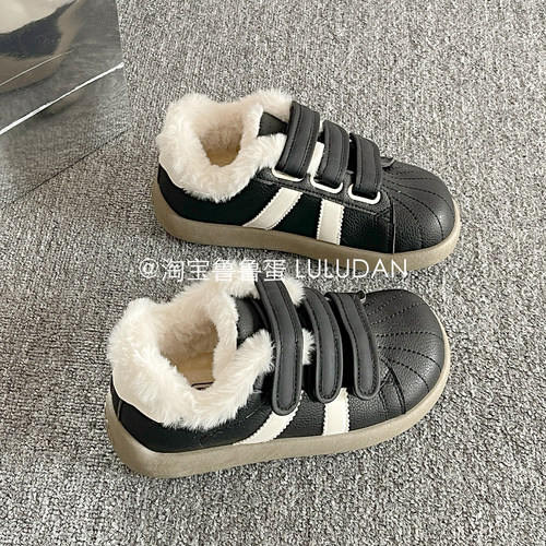 鲁鲁蛋 魔术贴厚底小白鞋女款2025新款冬韩系加绒板鞋二棉面包鞋