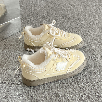 鲁鲁蛋 韩系保暖加绒板鞋女款2025新款冬季厚底小白鞋女鞋二棉鞋