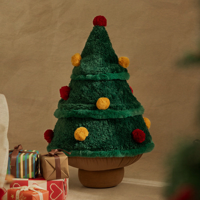 圣诞树抱枕秋冬毛绒节日氛围感美式高级感客厅毛绒靠枕样板间装饰