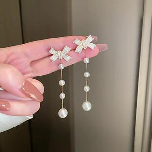 法式蝴蝶结流苏耳环长款百搭网红名媛气质珍珠耳饰女S925纯银耳钉