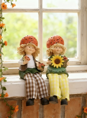 手工陶瓷女孩田园风窗台摆件