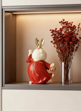 新年喜庆红色树脂兔子摆件
