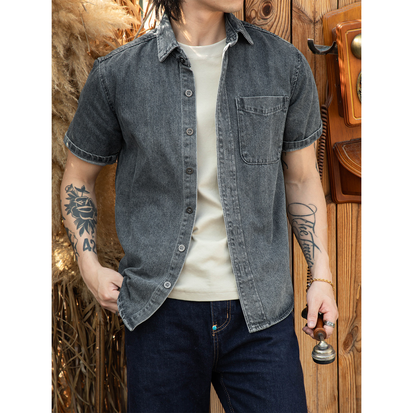 唔刃工装 美式复古12盎司岩纹旧色丹宁牛仔衬衫阿美咔叽短袖男款