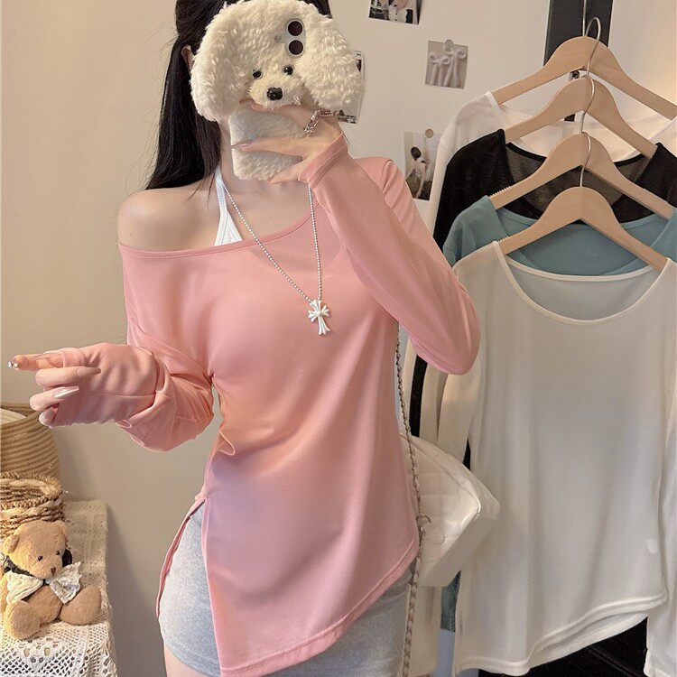 3617#纯欲辣妹防晒罩衫女夏斜肩不规则开叉微透外穿上衣百搭T恤