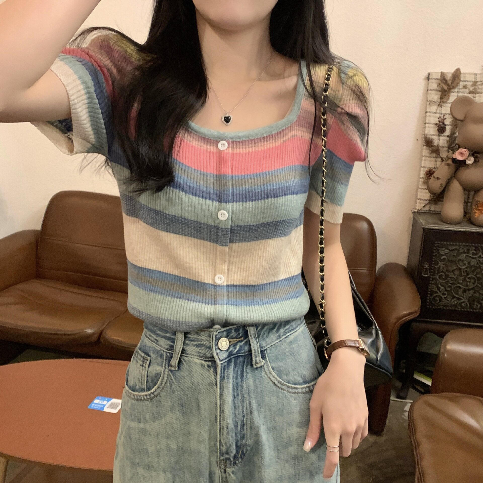 彩虹条纹针织短袖T恤女2023夏季新款修身薄款拼色百搭显廋上衣潮