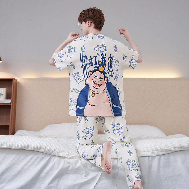 睡衣男款夏季纯棉短袖长袖春秋薄款男士大码青少年初中生大童套装