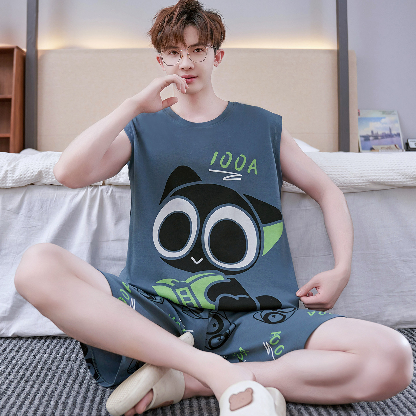 夏季纯棉男薄款背心短裤睡衣套装