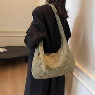 冬季 帆布菱格棉服包大容量通勤斜挎托特包 单肩腋下包包女2025新款