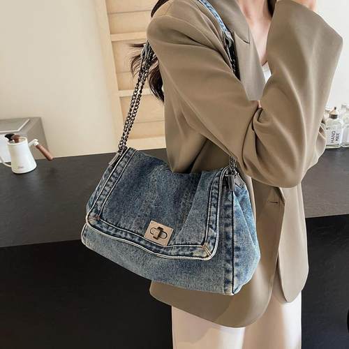 2025新款时尚链条包大容量托特包通勤单肩斜挎包流浪牛仔布包包女