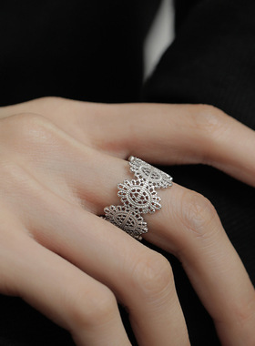 S925纯银镂空蕾丝戒指女复古宫廷