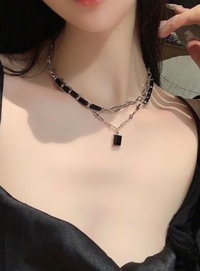 新款黑色项链女双层甜酷锁骨链颈