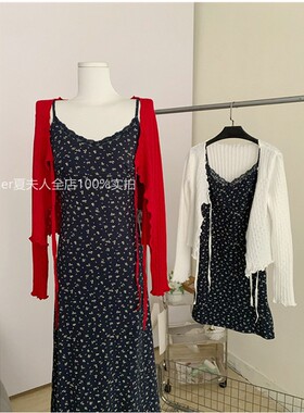 南法假日 红色镂空针织开衫女开春chic韩系设计感长袖上衣