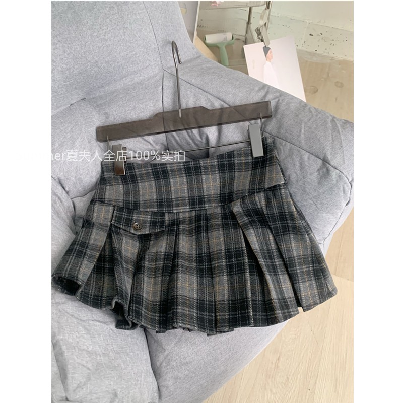 蘑糯糯呢料格纹百褶裙毛呢短裤裙