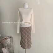 蘑糯糯四季 厚度格纹半身裙子百搭学院风格 子包臀群气质中长裙