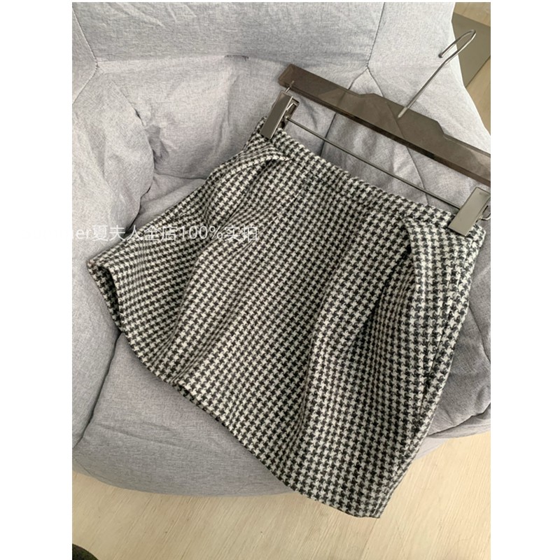巨好搭羊毛千鸟格花苞短裙