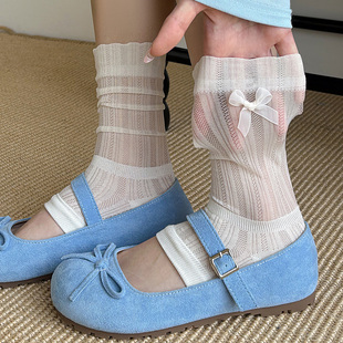 蕾丝蝴蝶结踩脚袜套女中筒堆堆袜春夏天薄款网眼暗纹短款半掌腿套