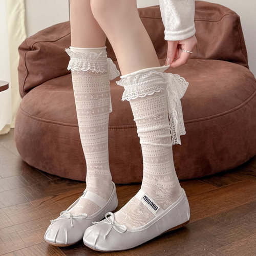 绑带蕾丝蝴蝶结小腿袜子女夏季薄