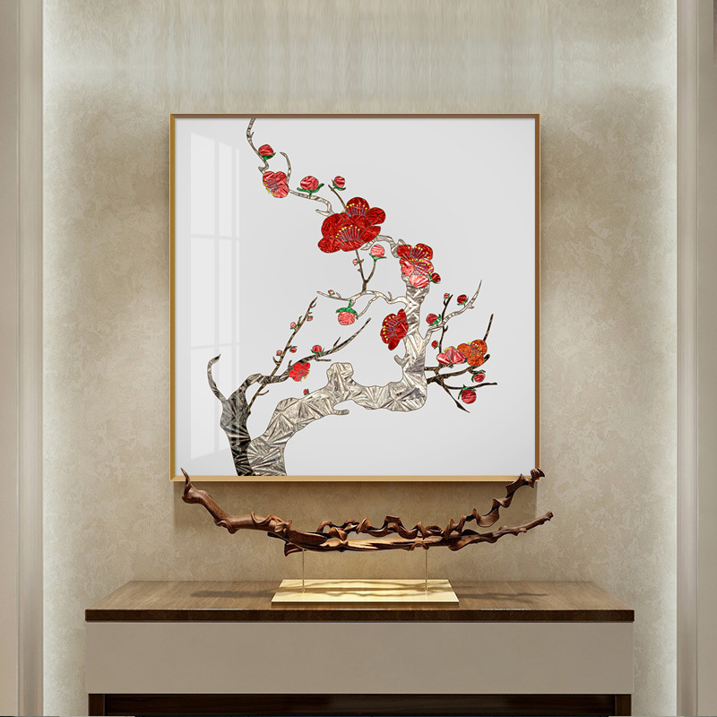 玄关墙面装饰画新中式花鸟挂画开花客厅书房卧室背景墙正方形壁画图片