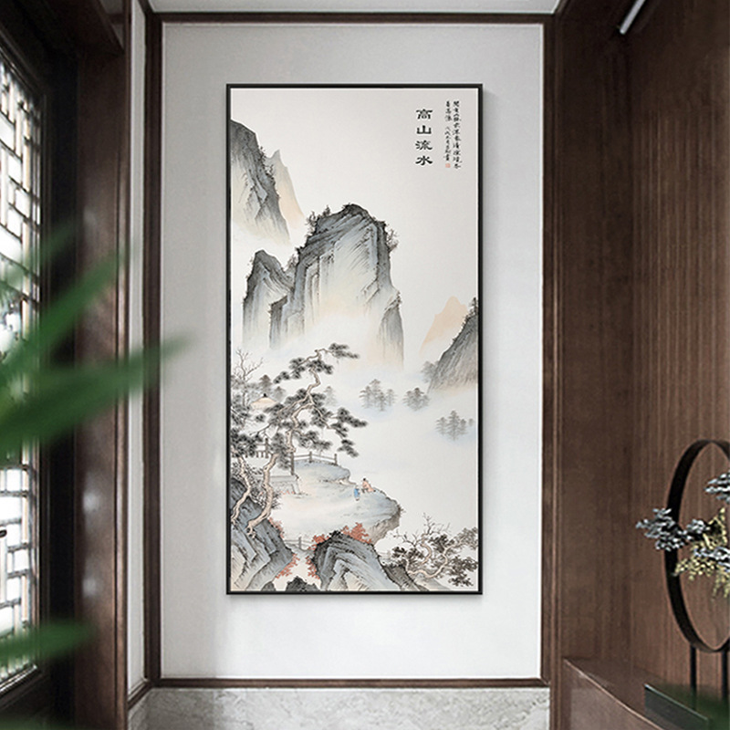 新中式玄关装饰画办公室挂画大气走廊中国风高山流水茶室古典墙画图片