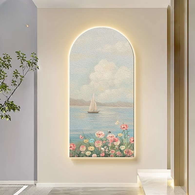 北欧玄关装饰画一帆风顺过道走廊灯画日出风景挂画高级感砂岩壁画图片