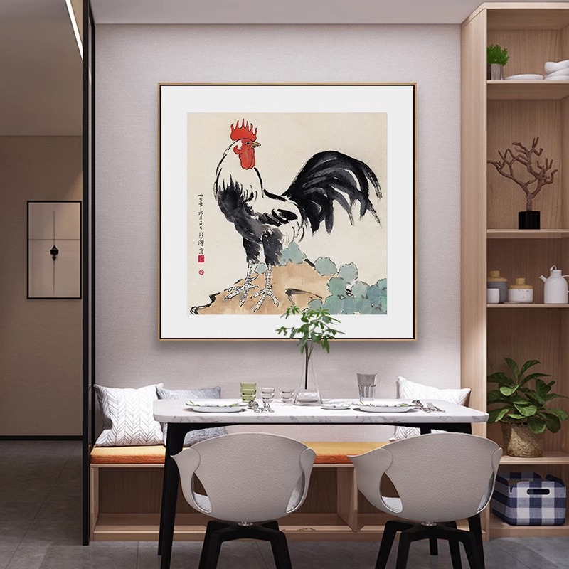 新中式国画大公鸡聚财寓意好禅意方形客餐饭厅茶室书房装饰壁挂画图片