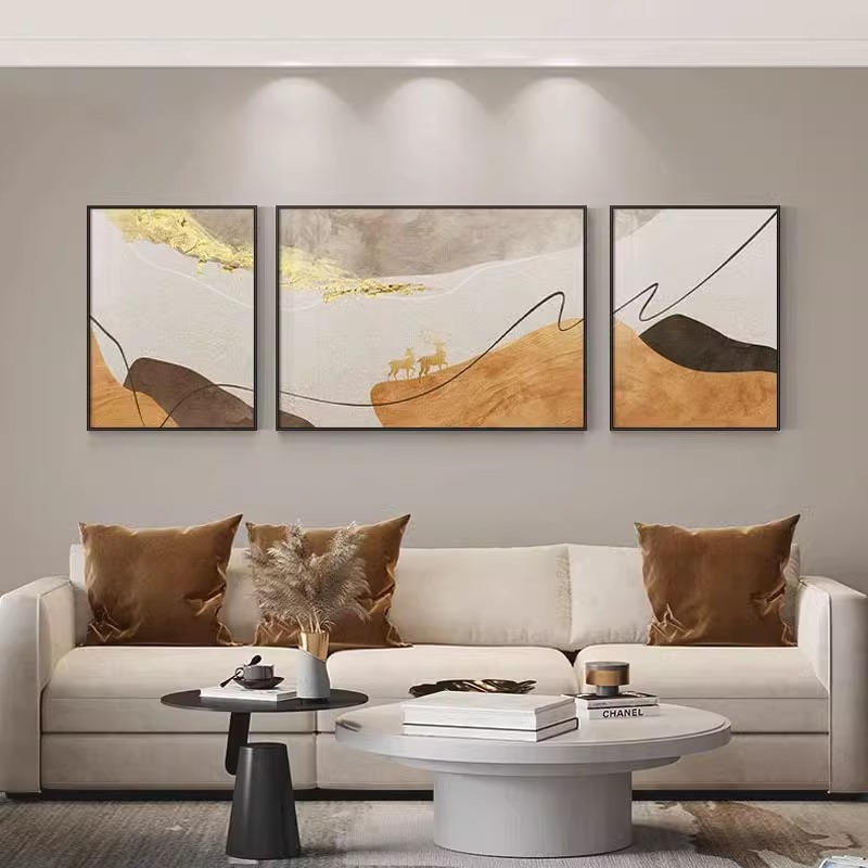 现代简约福鹿客厅装饰画三联组合沙发背景墙挂画抽象橙色线条壁画图片