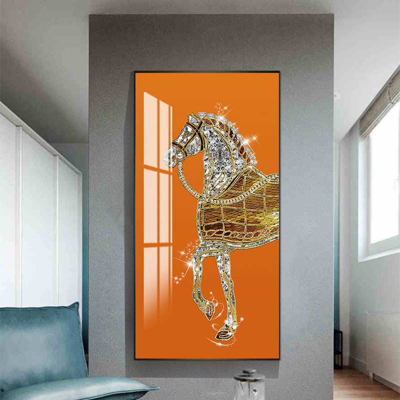 入户竖版走廊壁画轻奢高档过道挂画镶钻马到成功玄关装饰画图片