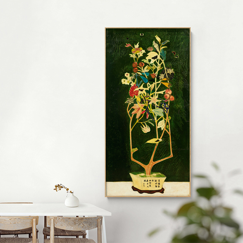 常玉 新中式客厅装饰画餐厅油画北欧花卉画竖版过道玄关盆栽挂画图片