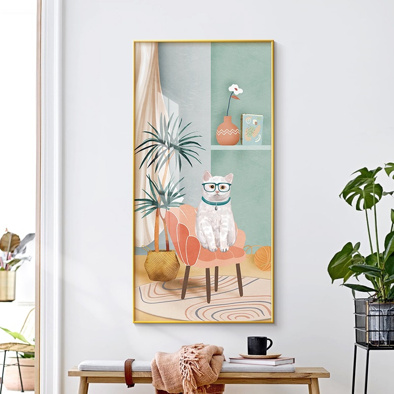 北欧风格玄关装饰画现代简约猫咪过道走廊挂画植物绿植入户门壁画图片