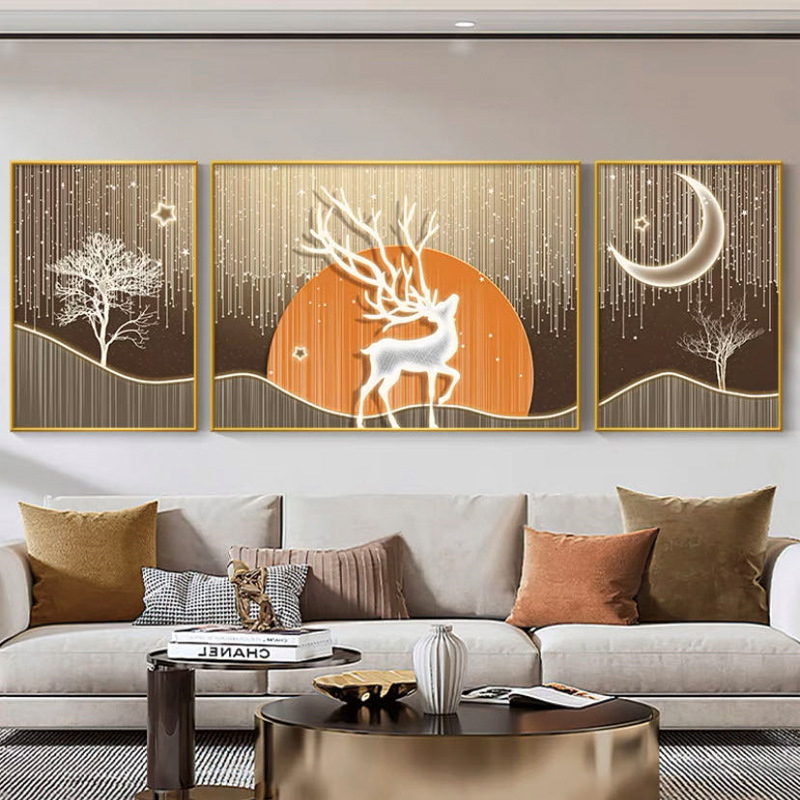 麋鹿沙发背景画客厅装饰画现代简约抽象北欧轻奢壁画三联镶钻画图片