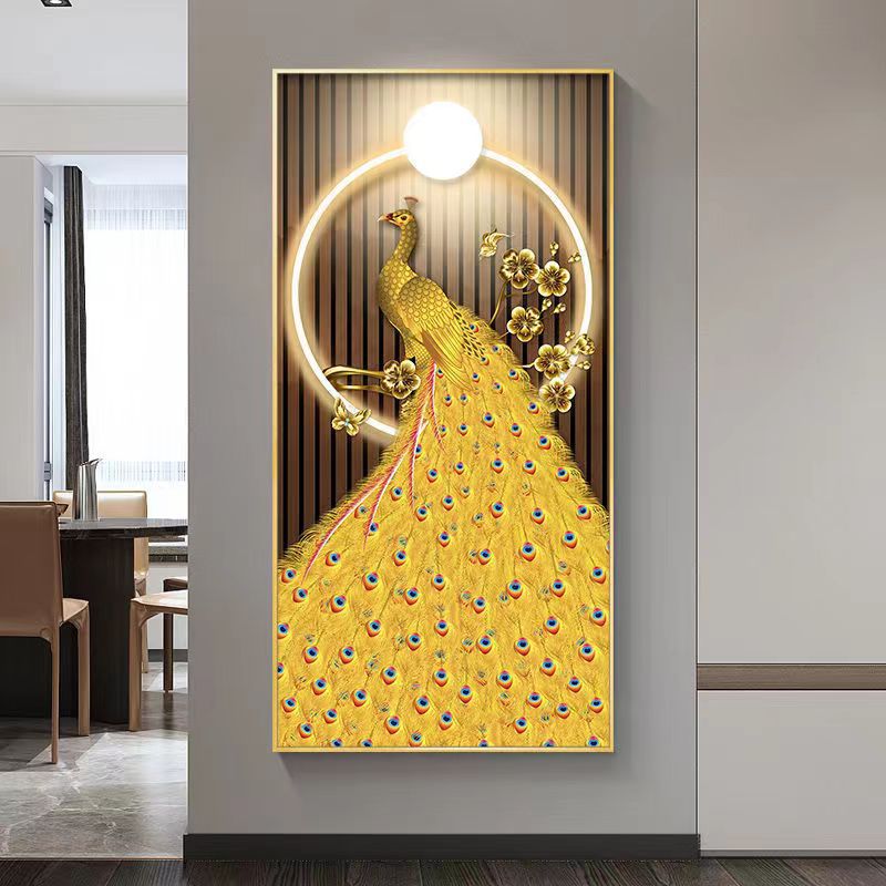 新中式孔雀入户玄关装饰画轻奢客厅走廊过道挂画竖版现代简约壁画图片