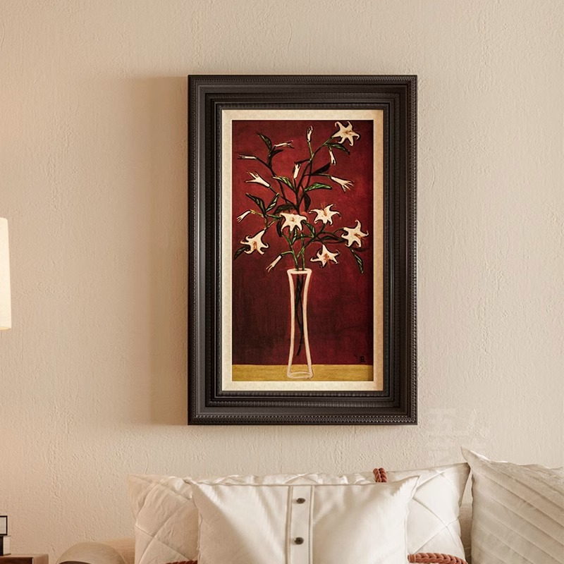 法式复古客厅装饰画中国风餐边柜玄关挂画植物花卉中古风卧室壁画图片