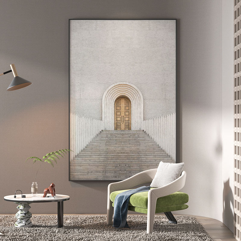 奶油风现代简约客厅玄关装饰画空间延伸建筑背景墙壁画  竖版挂画图片