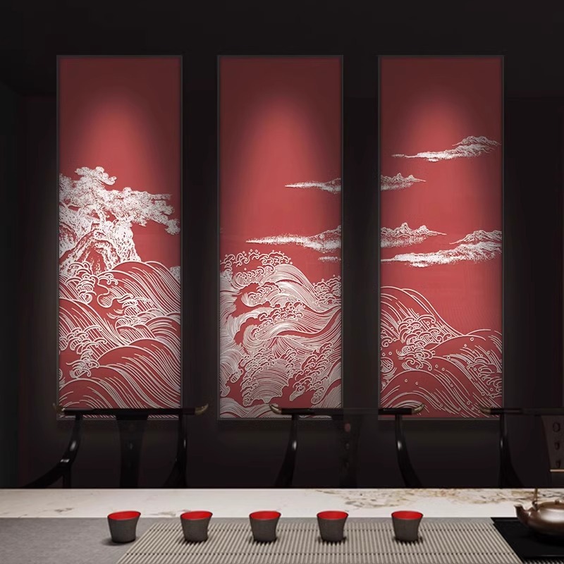 酒店客厅高档浮雕肌理挂画玄关走廊茶室会所壁画多联山水装饰画竖图片