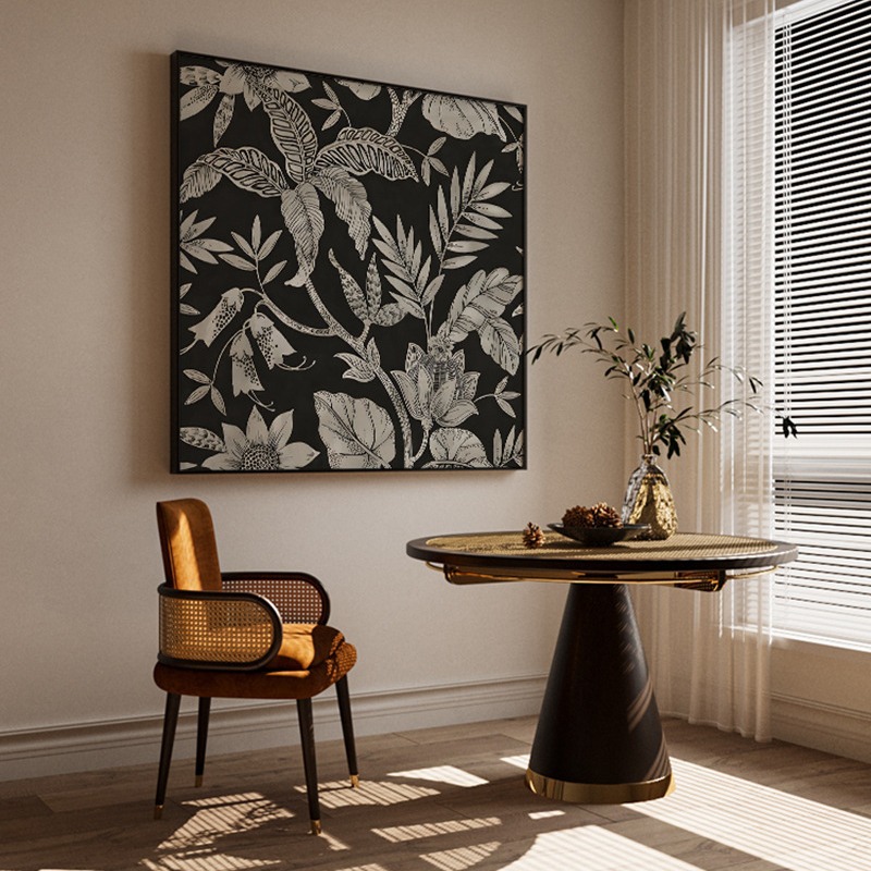 简约现代黑色复古风植物酒店客厅玄关装饰画卧室背景墙壁方型挂画图片