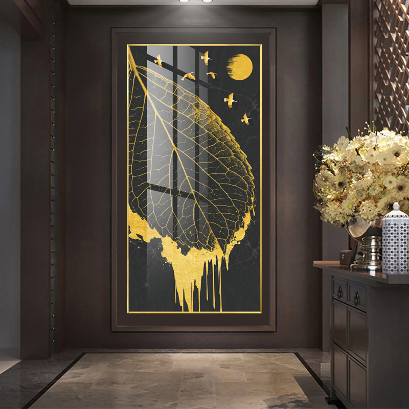 新中式抽象金色树叶晶瓷画 客厅玄关卧室墙壁 酒店挂画山水装饰画图片