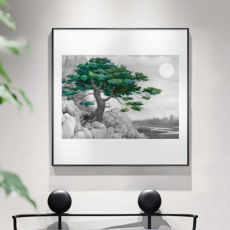 新中式客厅装饰画现代餐厅书房水墨挂画办公室四季常青松树山水画图片