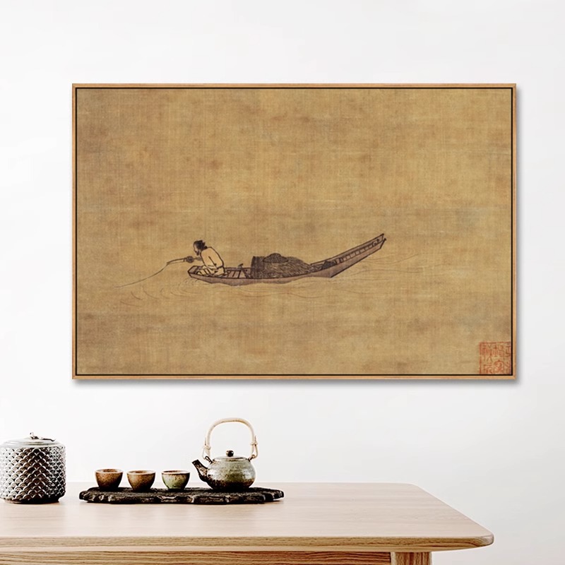 寒江独钓图挂画新中式客厅装饰画复古国画禅意茶室玄关画书房壁画图片