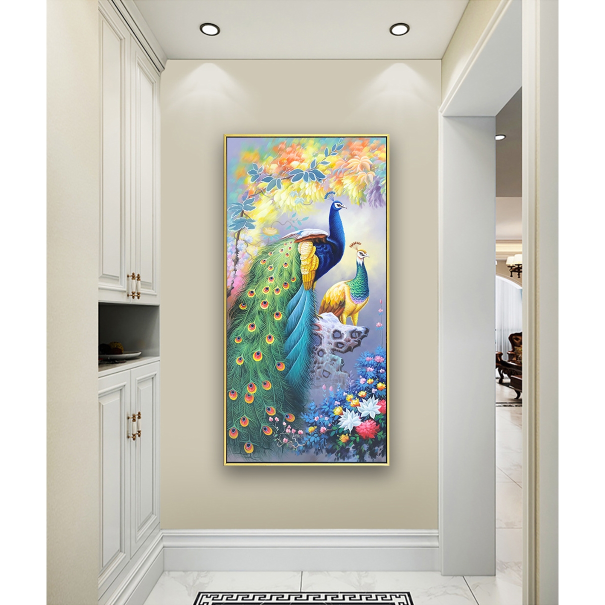 新中式手绘孔雀油画玄关装饰画客厅挂画美式过道竖版高端入户壁画图片