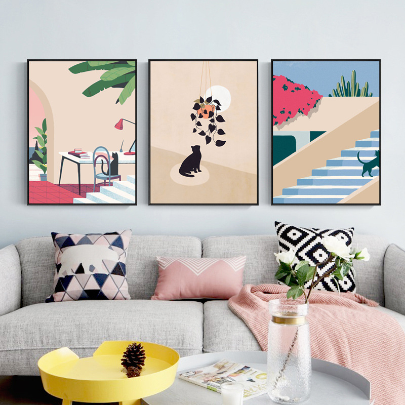 北欧客厅装饰画卧室儿童房壁画现代简约卡通挂画宠物小清新插画图片