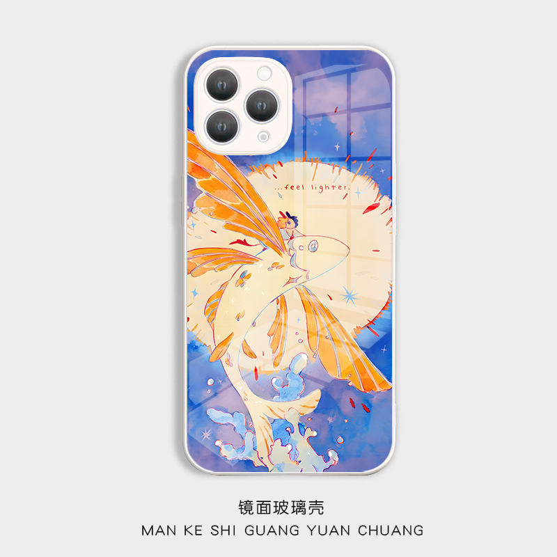 飞鱼_好运锦鲤插画适用iPhone16promax手机壳华为nova12红米k80软vivoX200iqooneo10苹果15plus小米14玻璃壳