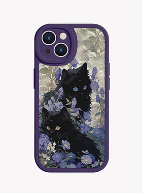 花团朵朵_紫色花丛小黑猫小羊皮适用iPhone15pro_16手机壳华为mate60红米K60软vivos16IQOO10小米13OPPOreno9