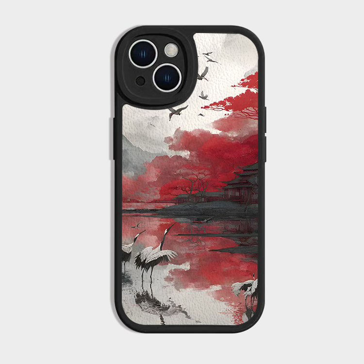 ~水墨仙鹤适用iPhone16苹果14pro华为nova13荣耀100vivoX100红米k80新款mate70小米15oppoR17皮纹手机壳