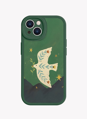 艺术绿色飞鸟适用于iPhone15promax苹果13华为mate60nova12p50e荣耀vivoX100小羊皮手机软壳opporeno小米14