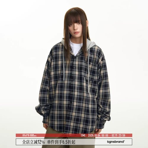 TGNS假两件格纹连帽长袖衬衫外套