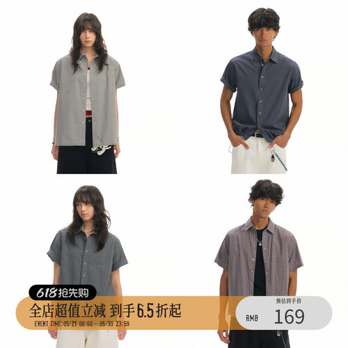 TGNS正肩格子修身显瘦短袖衬衫