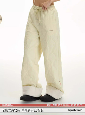 TGNS潮牌防水绗缝棉裤外穿冬季新款防寒保暖脚口仿羊羔毛拼接长裤