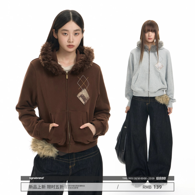 TGNS连帽可拆卸毛领贴布绣卫衣女生秋冬美式复古宽松加绒开衫外套